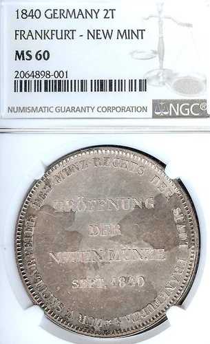 ドイツ諸州フランクフルト 1840年 2ターラー貨幣 ターラー NGC MS 60 VZ/F.STG 新品