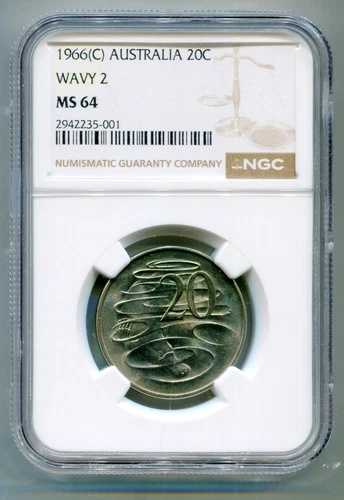 オーストラリア 20セント 1966(C) 波型ベース 2 NGC MS64 Et. 希少 滅多に見られない lotapr9800