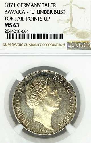 ドイツ諸州 バイエルン 1871年 ターラー貨幣 ターラー NGC MS 63 Dav 613 F.STG MULE 希少
