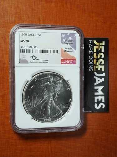 1990 年アメリカン シルバー イーグル NGC MS70 ジョン マーカンティ サイン入り 美しいコイン ローポップ!