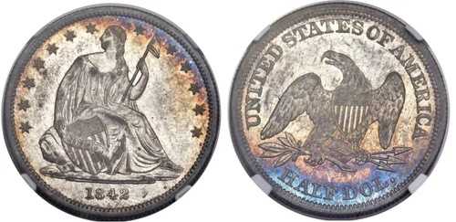 1842年製 シーテッド・リバティ 50セント MS62+* スター NGC モンスターレインボートーニング！血統書付き｜WORLD RESOURCE【QUEEN店】