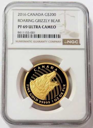 2016年 ゴールド 246枚 カナダ製 200ドル プルーフ 咆哮するグリズリーベア 1オンス NGC PF 69 UC｜WORLD RESOURCE【QUEEN店】