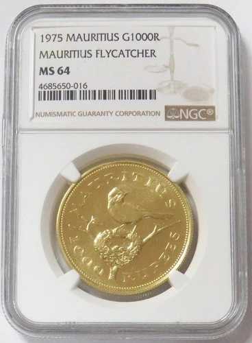 1975年 モーリシャス ゴールド 1,966枚 鋳造 1000ルピー フライキャッチャー バード NGC ミント ステート 64｜WORLD RESOURCE【QUEEN店】