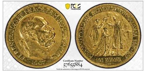 ハンガリー フランツ・ヨーゼフ1世 金貨「戴冠式記念」 100 KOR 1907-KB PCGS AU50|WORLD RESOURCE【QUEEN店】