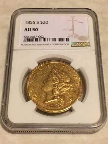 1855-S AU50 NGC リバティ ダブルイーグル 20ドル金貨 非常に美しく鮮明｜WORLD RESOURCE【QUEEN店】