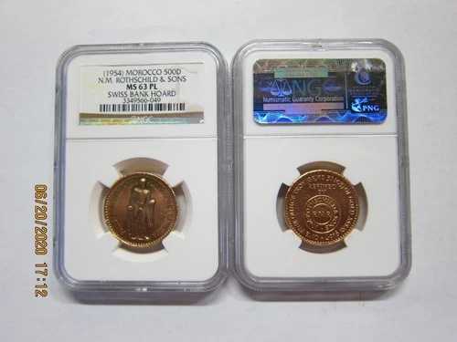 1954年 モロッコ 500D タンジール X-2 ゴールド。N.M. ロスチャイルド＆サンズ。NGC MS-63PL。