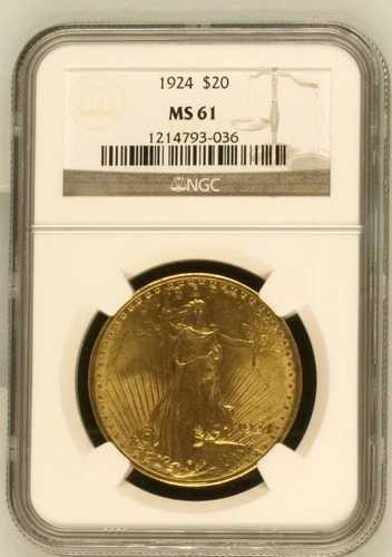 1924年 20ドル セント・ゴーデンズ ゴールド ダブルイーグル - NGC MS-61 派手な金貨 896,665円