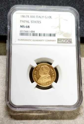 1867R XXI イタリア ゴールド 10 リラ 教皇領 - MS68 - NGC - 最高品質