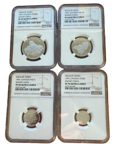 カナダ 1991年 プラチナ 1.85オンス フルシロフクロウ 4枚セット NGC PF68-70UC