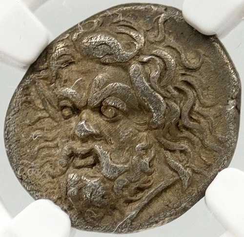 ボスポラス海峡のパンティカパイオン 紀元前340年頃 希少なサテュロスの銀貨 NGC S88006