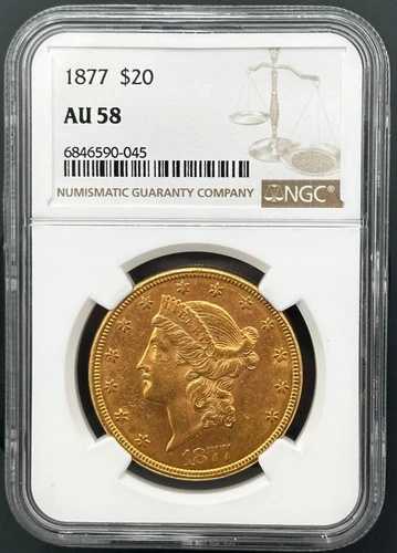 1877年 P $20 リバティゴールド ダブルイーグル タイプ3、NGC AU-58、低鋳造枚数タフデイト