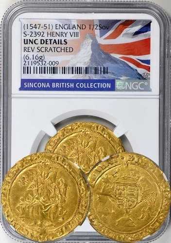 イギリス エドワード6世（1547-51年）ハーフソブリン金貨 NGC UNCDTLS。希少かつ高品位！