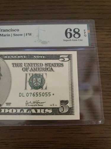 2003年 $5 サンフランシスコ スター PMG 極上ジェム 68 EPQ! 非常に希少!!!