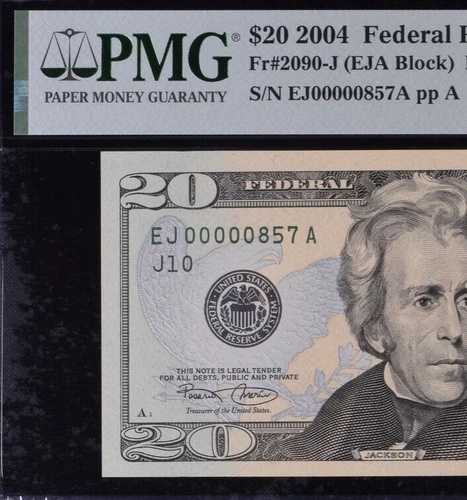 2004年 20ドル連邦準備銀行券 PMG 64EPQ 人気の低いシリアル番号0000857を募集