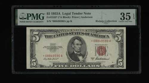 DBR 1953-A $5 リーガル STAR Fr. 1533* PMG 35 EPQ シリアル *08849590A 48,180円