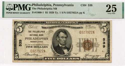 1929 Ty. 1 $5 フィラデルフィア国立銀行 PA CH#539 PMG VF25