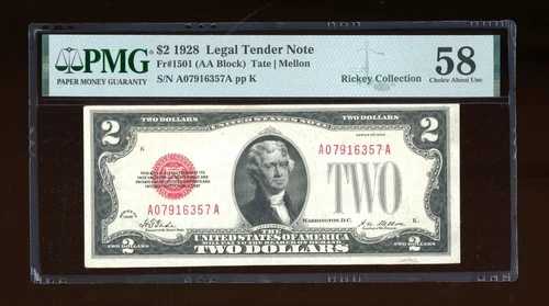 DBR 1928 $2 リーガル Fr. 1501 PMG 58 シリアル A07916357A