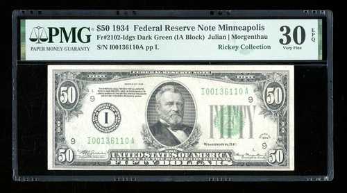 DBR 1934 $50 DGS FRN ミネアポリス Fr. 2102-Idgs PMG 30 EPQ シリアル I00136110A