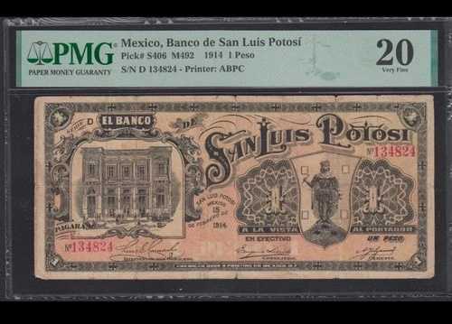 メキシコ 1 ペソ サン ルイス ポトシ銀行 1914 PMG 20 VF-