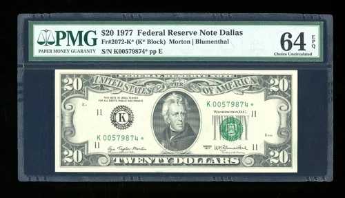 DBR 1977 $20 FRN ダラス STAR Fr. 2072-K* PMG 64 EPQ シリアル K00579874* 70,180円