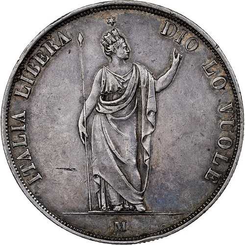 [#874585] ロンバルディア臨時政府、5リラ、1848年、ミラノ、シルバー、AU