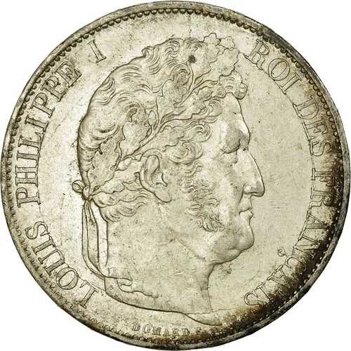 [#498023] コイン、フランス、ルイ フィリップ、5 フラン、1844 年、ストラスブール、AU(50-53)、S