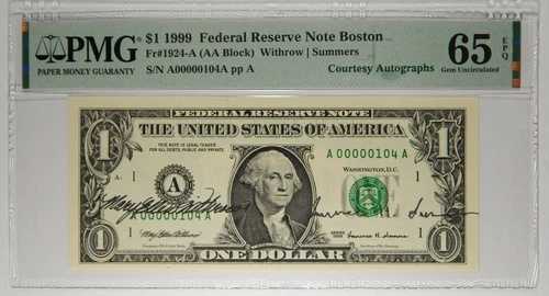 デュアル・コーテシー・サイン入り 1999年 $1 PMG 65EPQ ロー シリアル番号 #00000104
