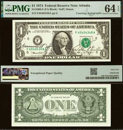 1974年 1ドル連邦準備銀行券 PMG 64EPQ - 提供：ネフ＆サイモン 72,600円
