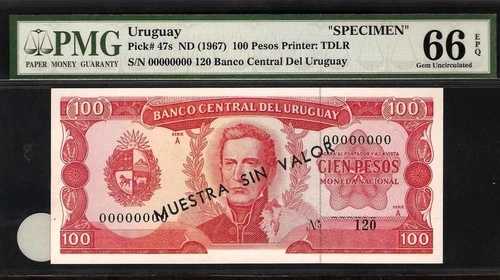 ウルグアイ スペシメン 100ペソ 1967 PMG 66 EPQ UNC ピック # 47s