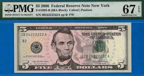 2006年 5ドル連邦準備銀行券 PMG 67EPQ 2番目に状態の良いほぼ無地シリアル番号 24222222