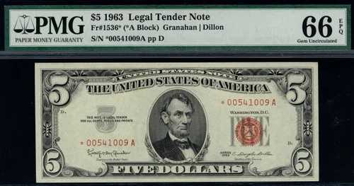 MALACK $5.00 1963年 PMG 66 EPQ スターノート。素晴らしい…続きを読む… pm0035