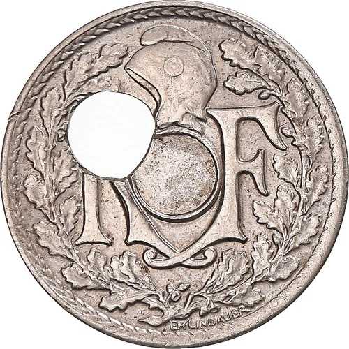 [#1069715] コイン、フランス、リンダウアー、5 サンタイム、1939 年、パリ、オフセンターホール、AU(