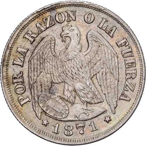[#1509676] チリ、1 デシモ、1871 年、サンティアゴ、シルバー、AU(55-58)、KM:136.2 56,265円