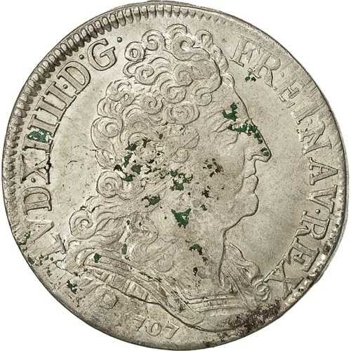 [#482684] コイン、フランス、ルイ 14 世、20 Sols aux insignes、1/4 Ecu、1707 年、パリ、E