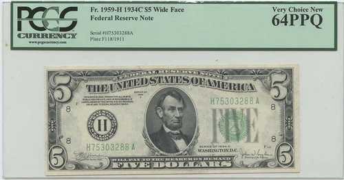 1934年製 $5 FRN ワイドフェイス FR#1959-H PCGS 64 Very CH New PPQ