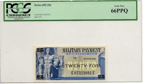 シリーズ 692 25 セント MPC 軍事支払い証明書 25 セント ~ PCGS 66PPQ!