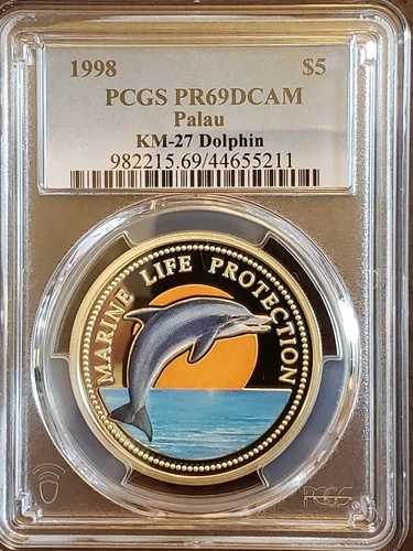 1998年 パラオ ドルフィン KM-27 海洋生物保護 $5 プルーフ PCGS PR69DCAM 11