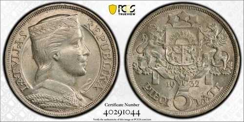 ラトビア 1932年 5ラティ PCGS UNC 光沢 PC1056 同梱配送