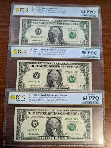 （3）連続$1 1995 ?スターノート? - Fr. 1921-A* - A02287479-80-81* - PCGS 64