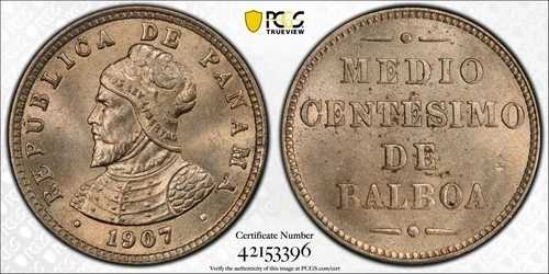1907年 パナマ 1/2 センテシモ PCGS MS-64 - KM#6 - 米国フィラデルフィア造幣局で鋳造 42,185円
