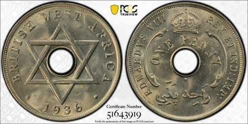 1936-H 英国西アフリカ ペニー、エドワード 8 世 - GEM 未使用、PCGS MS 65。|WORLD RESOURCE【QUEEN店】