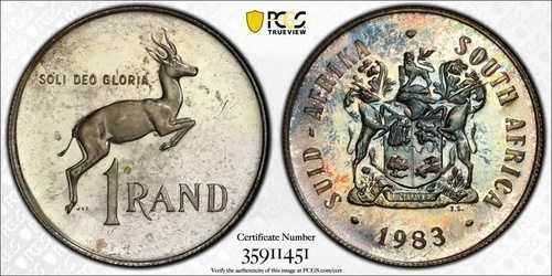 1983年南アフリカ1ランド銀貨プルーフPCGS PR65DCAM 美しいトーン