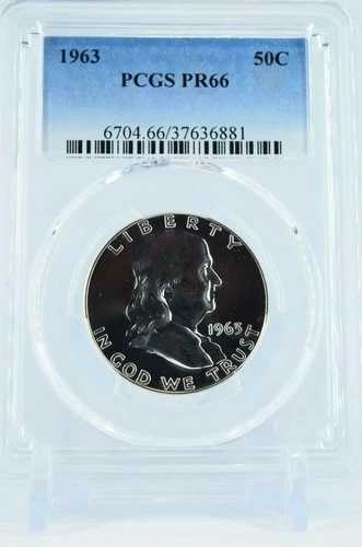 ライトカメオ風コイン 1963年 PR66 PCGS グレード フランクリン シルバー ハーフダラー プルーフ