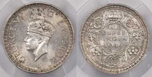 インド イギリス 1944年 L 1/2ルピー PCGS MS 62 SW-9.64 PI0046 同梱配送
