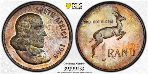 1968年南アフリカ 1ランド イングリッシュシルバー PCGS PR65 トーンゴールドシールド NFC