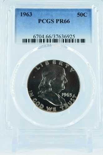 ライトカメオ風コイン 1963年 PR66 PCGS グレード フランクリン シルバー ハーフダラー プルーフ