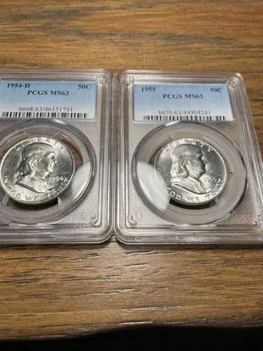 1955年と1954年 D PCGS MS63 フランクリン ハーフダラー 純白 コイン 2枚セット PQ++