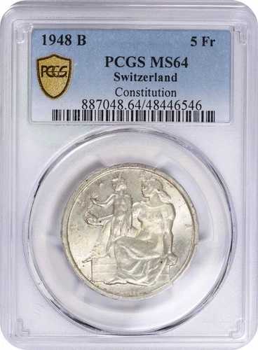 1948 B スイス 5フラン 憲法 KM48 MS64 PCGS