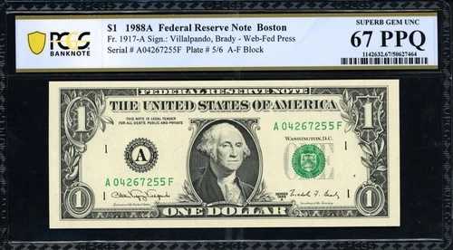 1988A $1 ボストンウェブプレスノート PCGS スーパージェム Unc. 67 PPQ