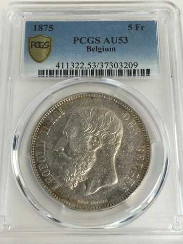 1875年 ベルギー 5フラン銀貨 PCGS AU53 レオポルド2世 クラウン .900 美品 希少